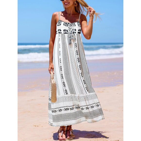 Women's Summer Maxi Dress Rayon Boho Ruffled Tassel Sleeveless Beach Vacation - Picture 5 of 5